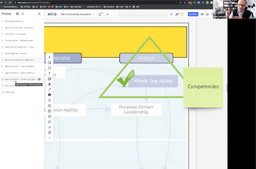 A screenshot of Erik Cottrelldefining whole organizational agility as it relates to unlocking innovation in an organization.