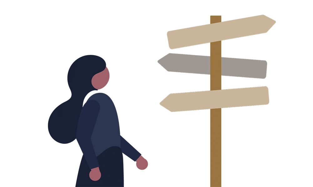 Simple graphic of a person looking for directions at a signpost