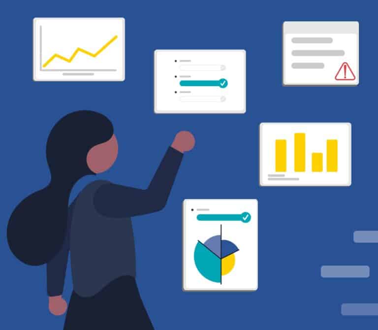 Simple graphic of a woman looking at various charts of agile metrics