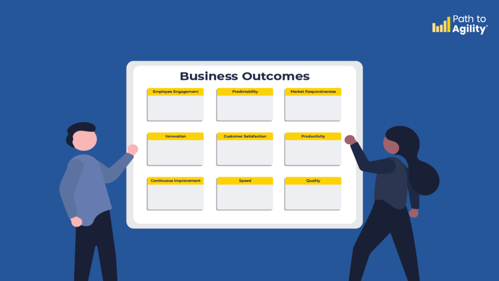 An image of two leaders having a discussion around the nine business outcomes defined in Path to Agility to choose the 2023 guiding agile goal for their transformation.