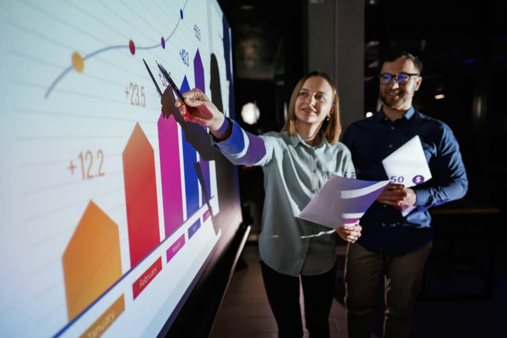 team reviewing metrics to see results of business outcomes for agile transformation