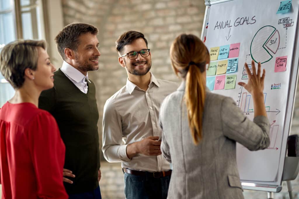 continuous improvement concept with team of happy entrepreneurs developing new business strategy