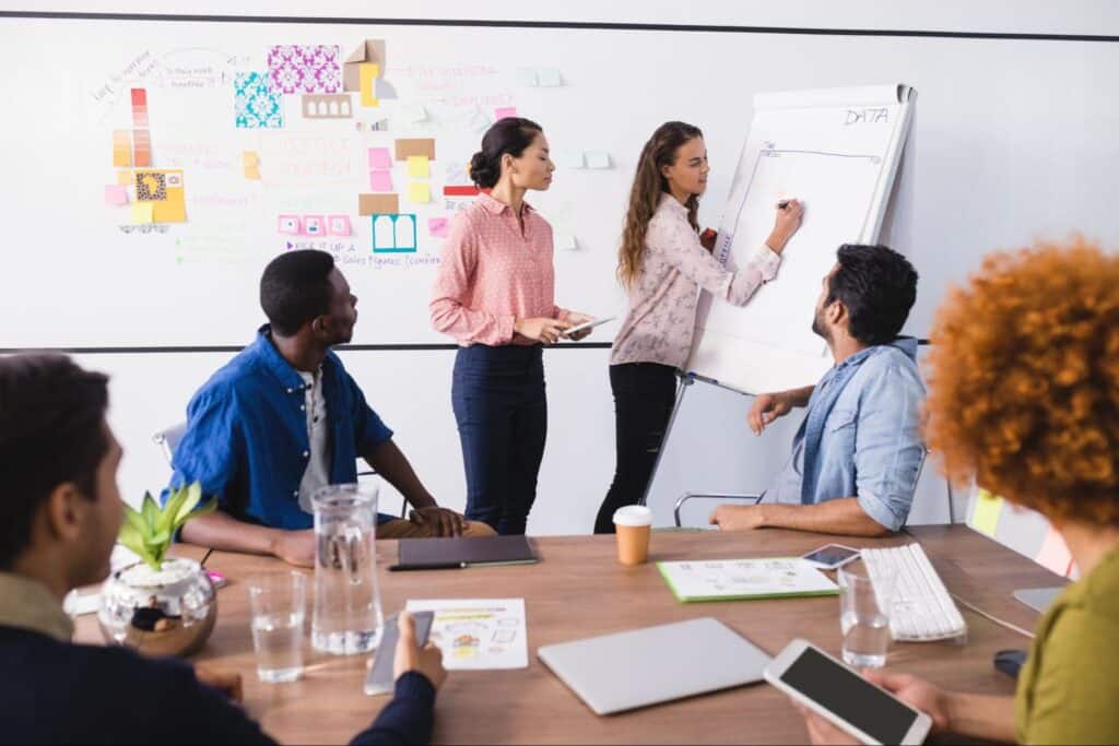 Team members brainstorm creatively during a productive meeting, collaborating on ideas together.