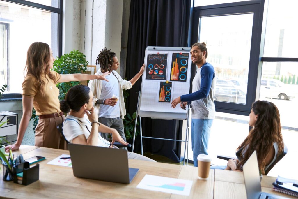 Creative team collaboration during a productive meeting in a modern workspace.